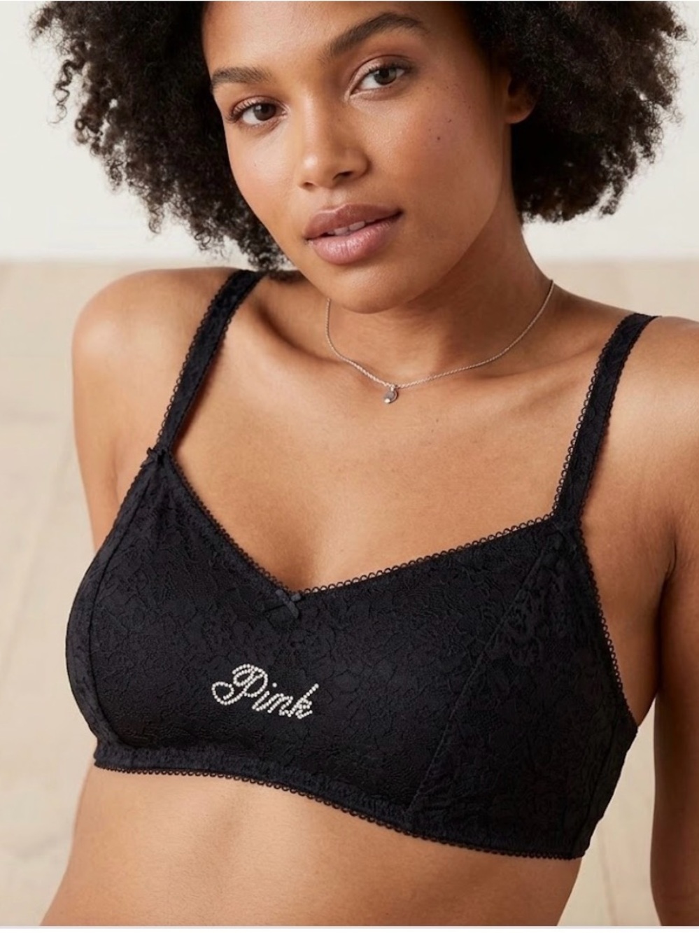 PINK Victoria’s Secret Black Lace Rhinestone Bralette Size Small DD